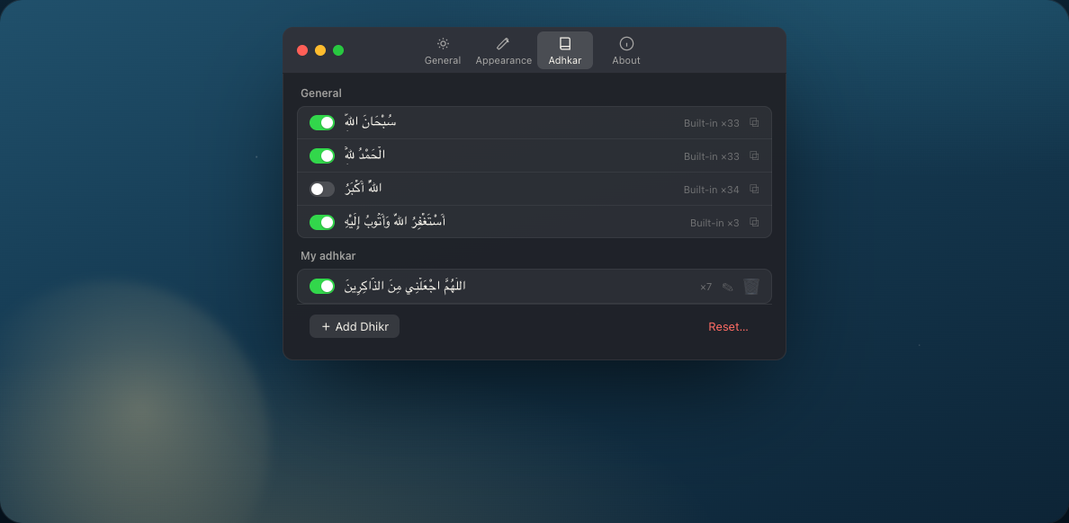 Dhikr adhkar library with toggles, built-in counts, edit, and Add Dhikr