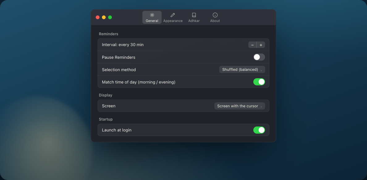 Dhikr settings: interval every 30 minutes, selection method, match time of day, launch at login